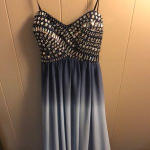 Long blue strapless prom dress